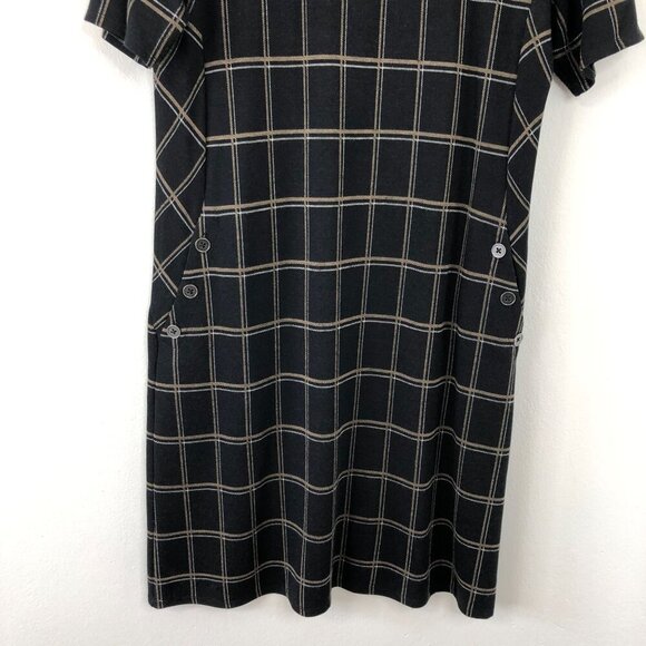 J.Jill Ponte Dress Women Medium Black Open Pane Plaid Short Sleeve Pockets - Picture 3 of 11